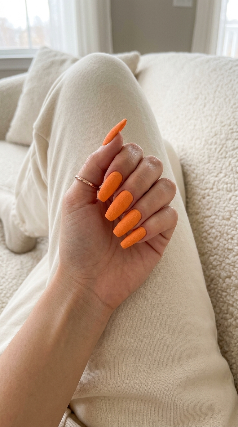 Textured citrus pop nails in vibrant tangerine for festival or edgy street style, colourful summer nails 2026.