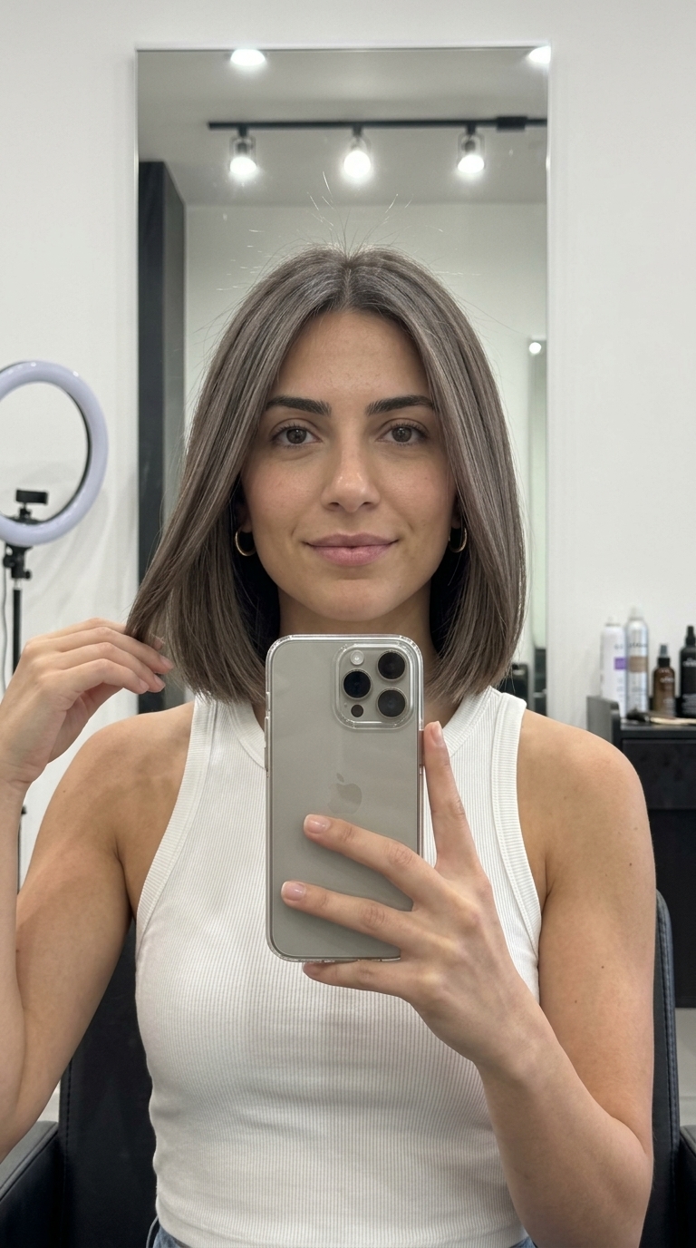 chin-length blunt bob with cool ash brunette & iced mocha babylights, neutral root smudge — sophisticated summer hair