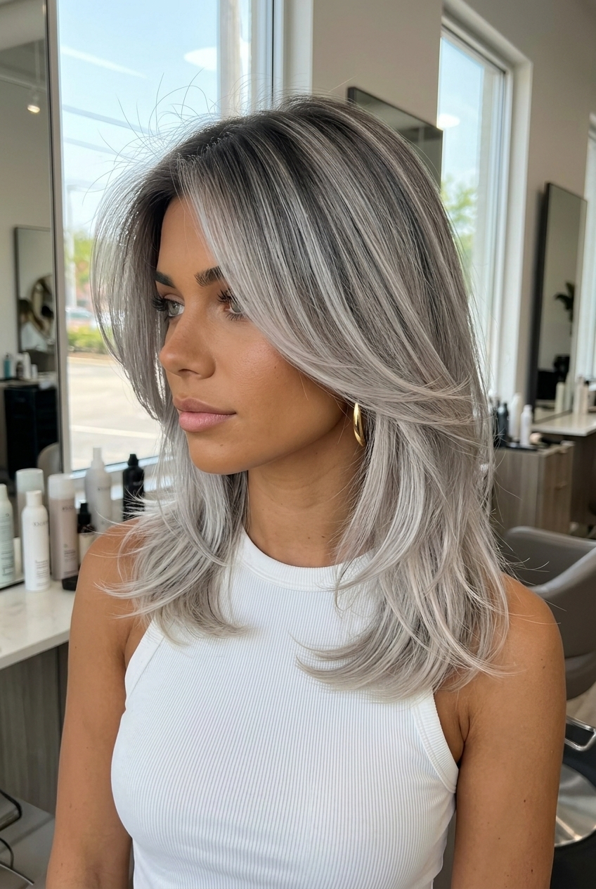 long layered ash blonde color melt with smoky silver and pearl tones for romantic look