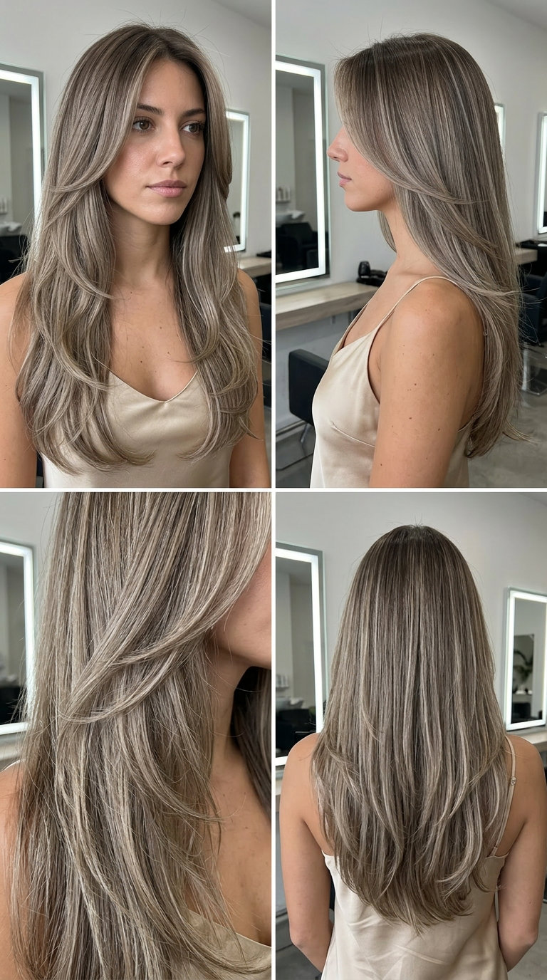 long waterfall cut with cool bronde, ash undertones, cascading layers — elegant, minimalist, sophisticated