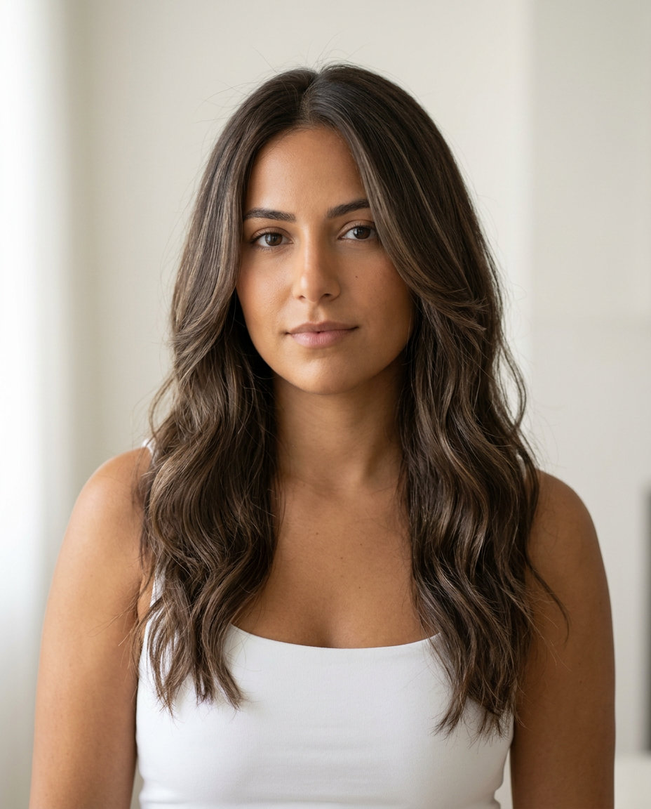long soft layered haircut in cool natural brown with subtle babylights, face-framing layers — soft, effortless, elegant
