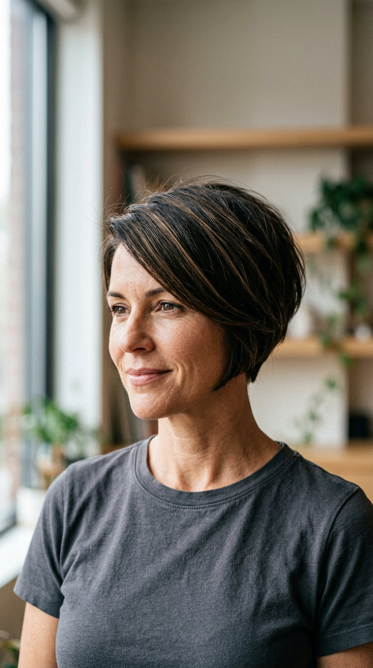 Sculpted Bixie Chic: Cool Brown 2026 short cool neutral brown haircut with ash undertones, point-cut layers, razored nape — edgy modern
