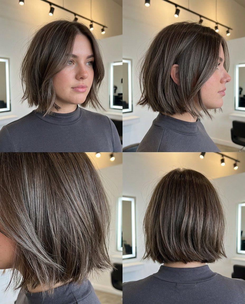chin-length choppy bob haircut in cool brunette with ash lowlights, textured edgy style for 2026