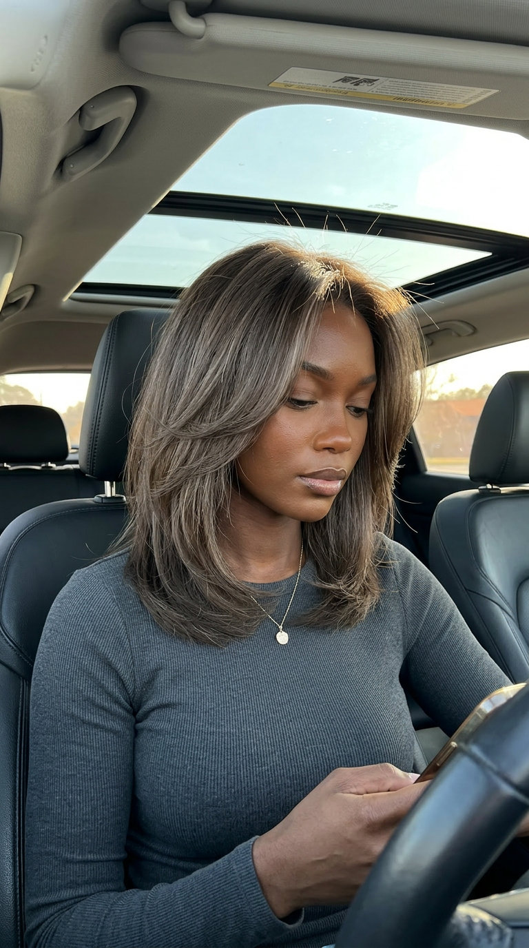 medium-length soft cloud cut with cool brunette and ash babylights, internal layers, face-framing layers — effortless voluminous style