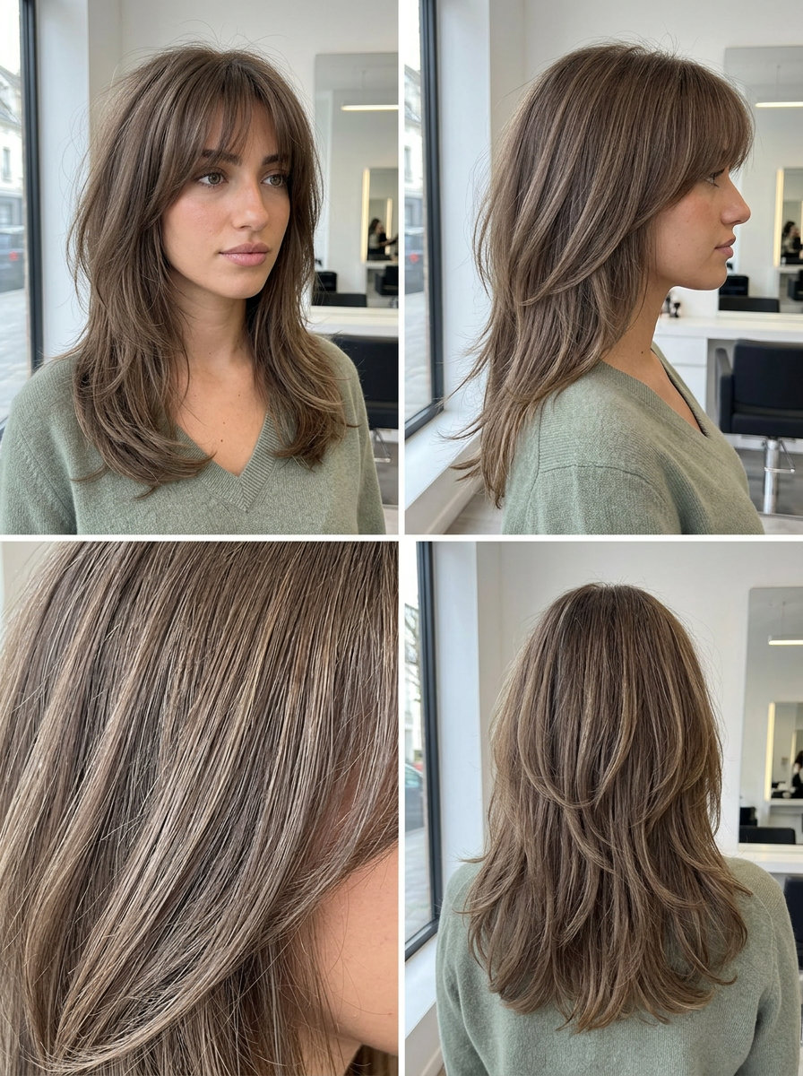 medium-long soft shag haircut with cool brunette and ash lowlights, brow-skimming fringe, face-framing pieces — relaxed bohemian style