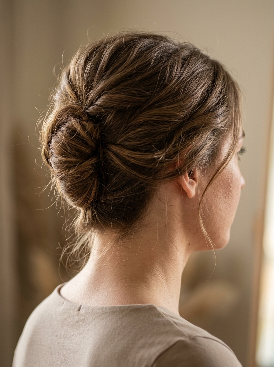 cool brunette undone french twist with face-framing pieces and relaxed elegance