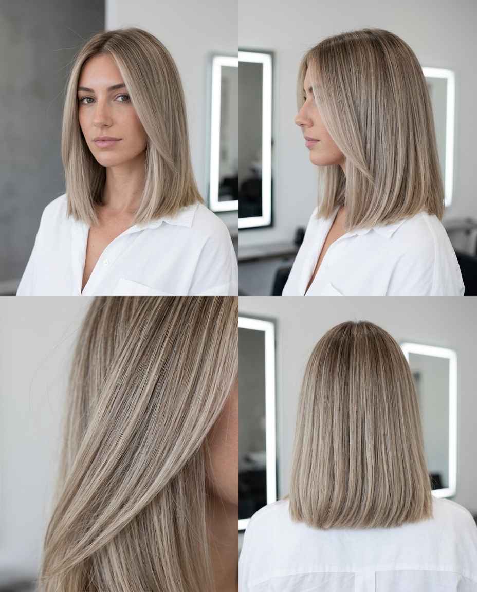 shoulder-length blunt cool linen lob hair color with sandy beige undertones, blunt cut, chic minimalist mood