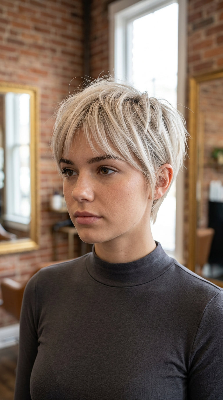 very short cool natural blonde pixie crop with pearl undertones, wispy micro-fringe — edgy minimalist