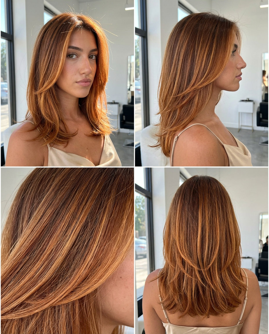 long sun-drenched copper auburn balayage with warm brown root smudge and soft layers