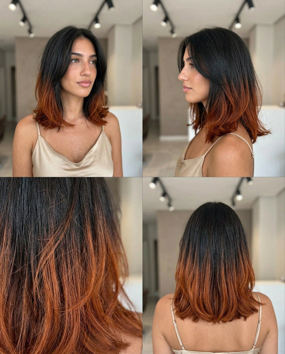 long auburn dip-dye with vibrant copper-auburn ends, blunt cut for music festival