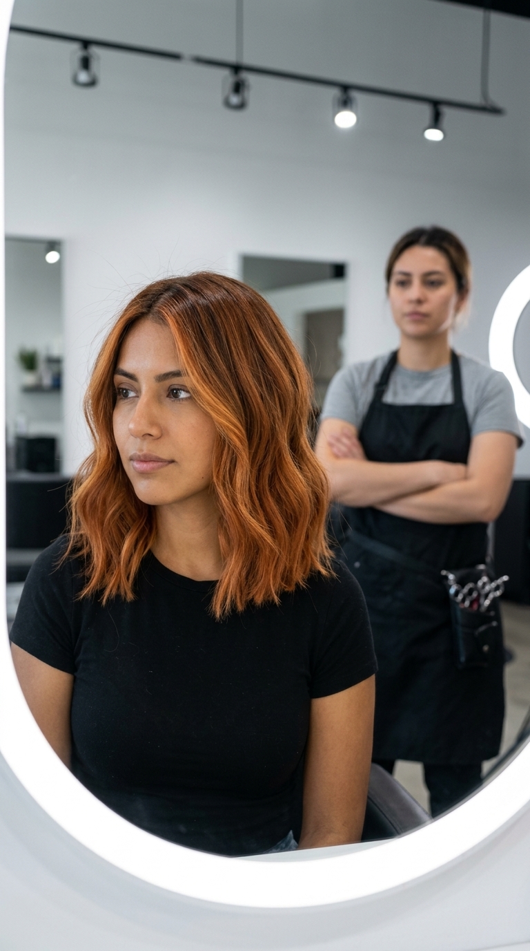 medium blunt lob haircut in copper balayage with golden highlights, textured waves for festivals