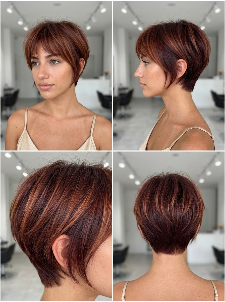 short pixie haircut in copper-burgundy with ginger babylights, razored layers, feathered fringe — playful edgy