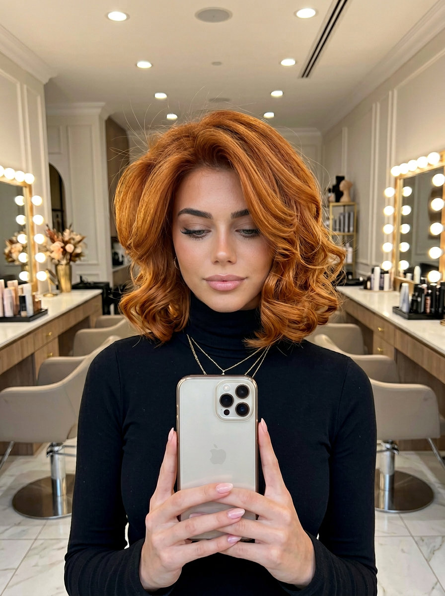 chin-length layered bob haircut in copper-gold with golden-copper highlights and red-gold gloss for summer