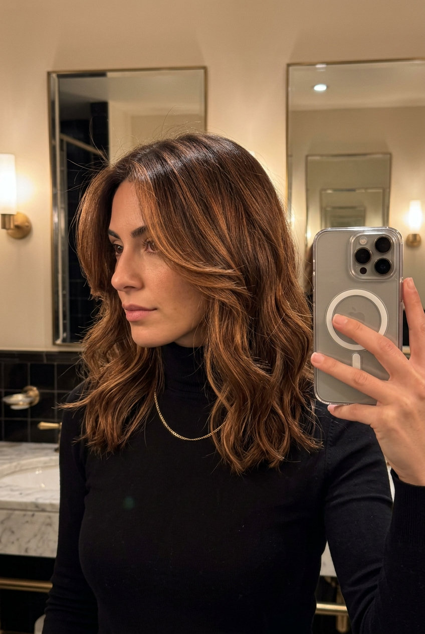 collarbone-length layered cut with copper-kissed brunette, subtle balayage, sweeping face-framing layers — soft, radiant, bohemian