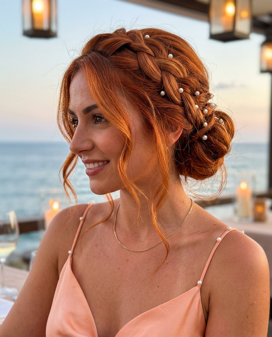 Romantic Pearl Braided Updo 2026 long vibrant copper ginger braids with pearl accents and soft updo for romantic dinner
