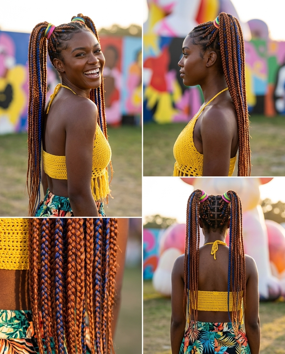 Festival Twin Peaks Braids 2026 long vibrant copper braids with twin peaks and colorful elastics for festival fun
