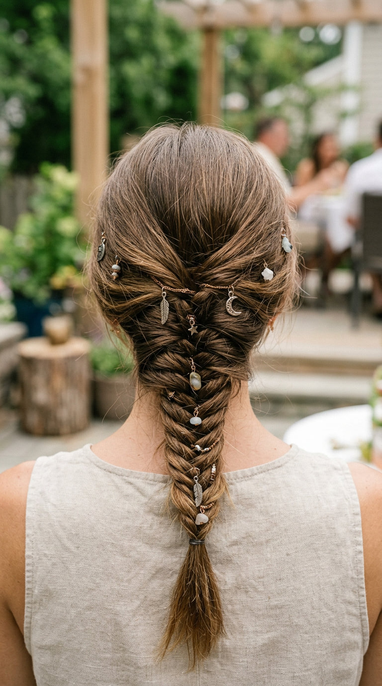 long warm copper fishtail braid with charms for summer
