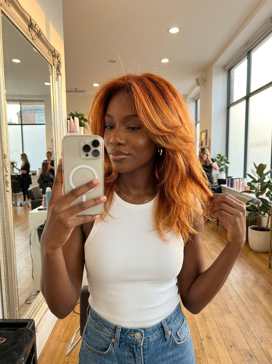 long layered ombre hair color with fiery copper, golden copper, warm amber, hand-painted blend — bold energetic style