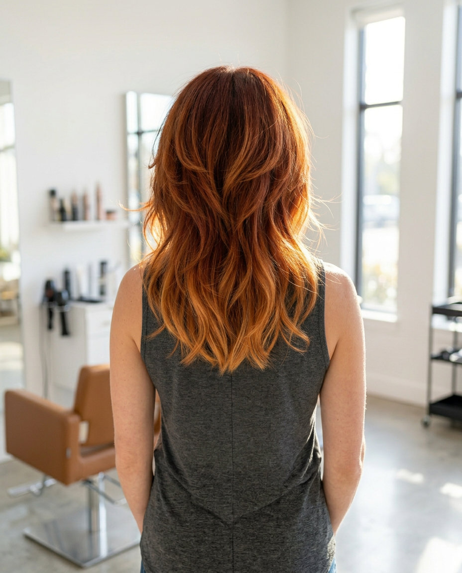 collarbone-length shag haircut with deep auburn to copper-gold ombré, razored layers, wispy curtain bangs — bold and playful