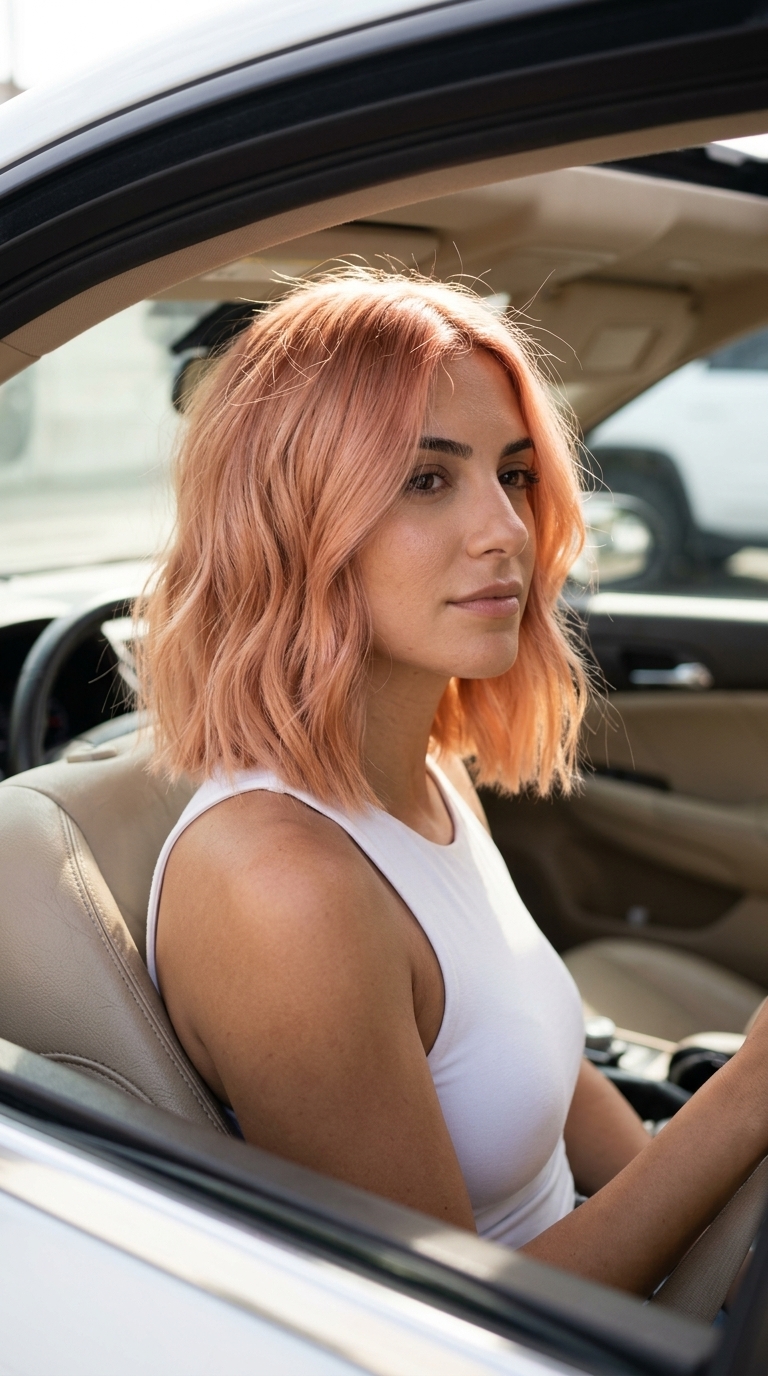 medium blunt lob haircut with pastel copper peach, soft waves, no bangs — playful summer