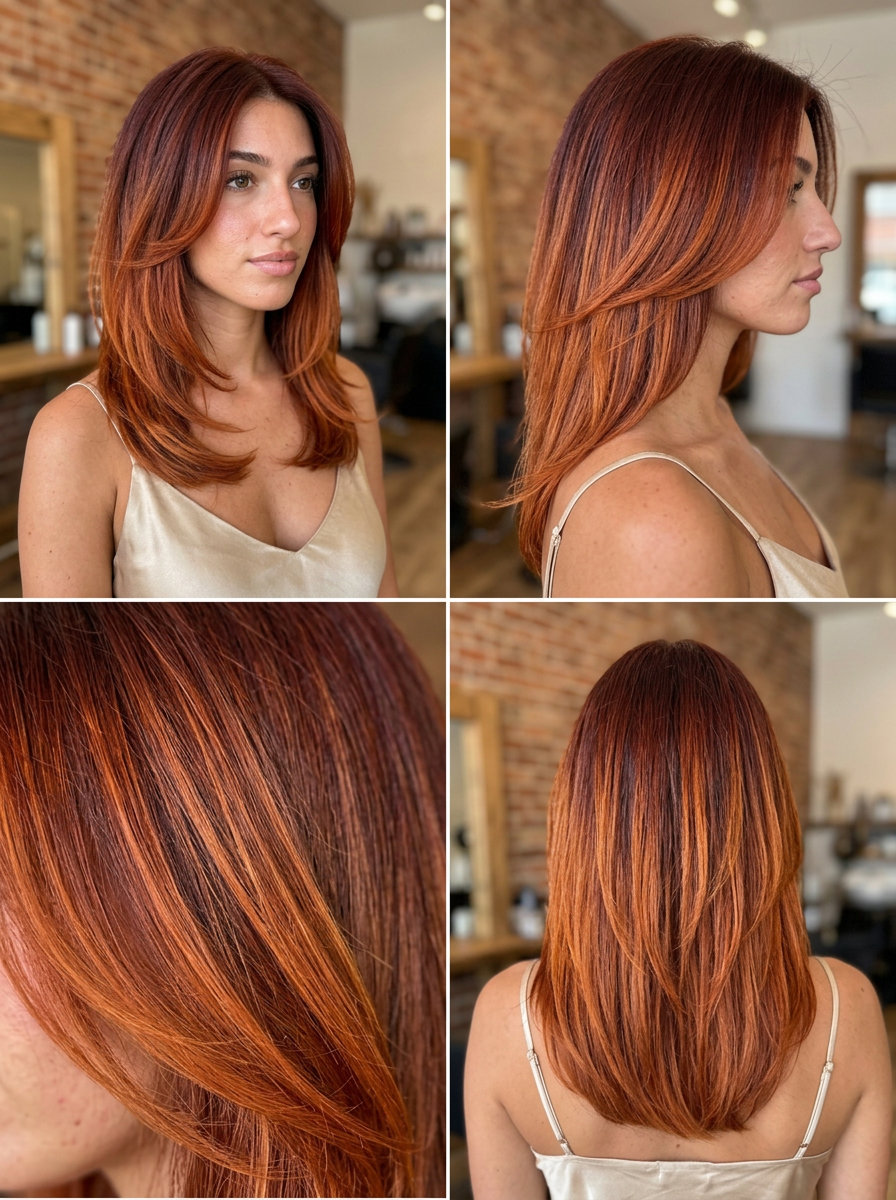 long layered copper penny ombre melt with metallic penny, luminous blend, no fringe — bold retro