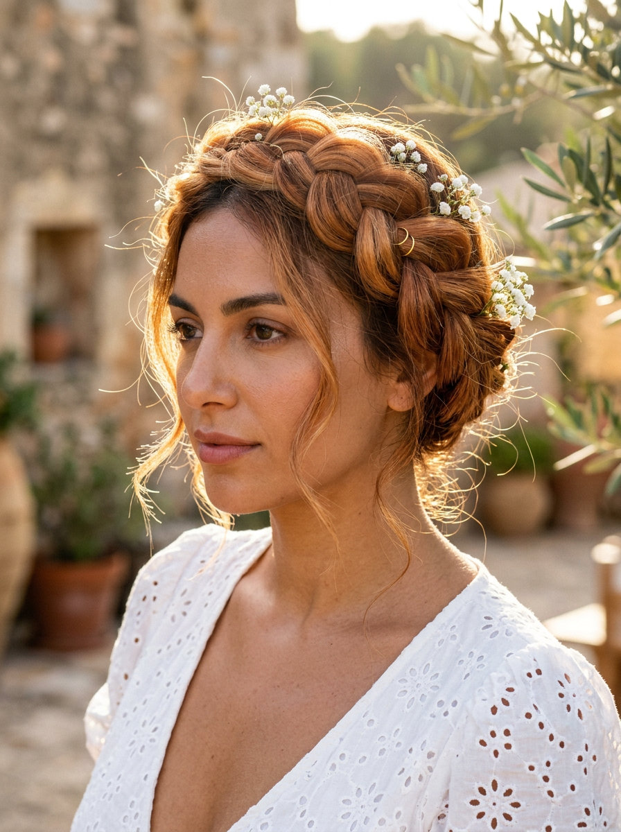 long copper penny crown braid updo with golden apricot highlights for garden party