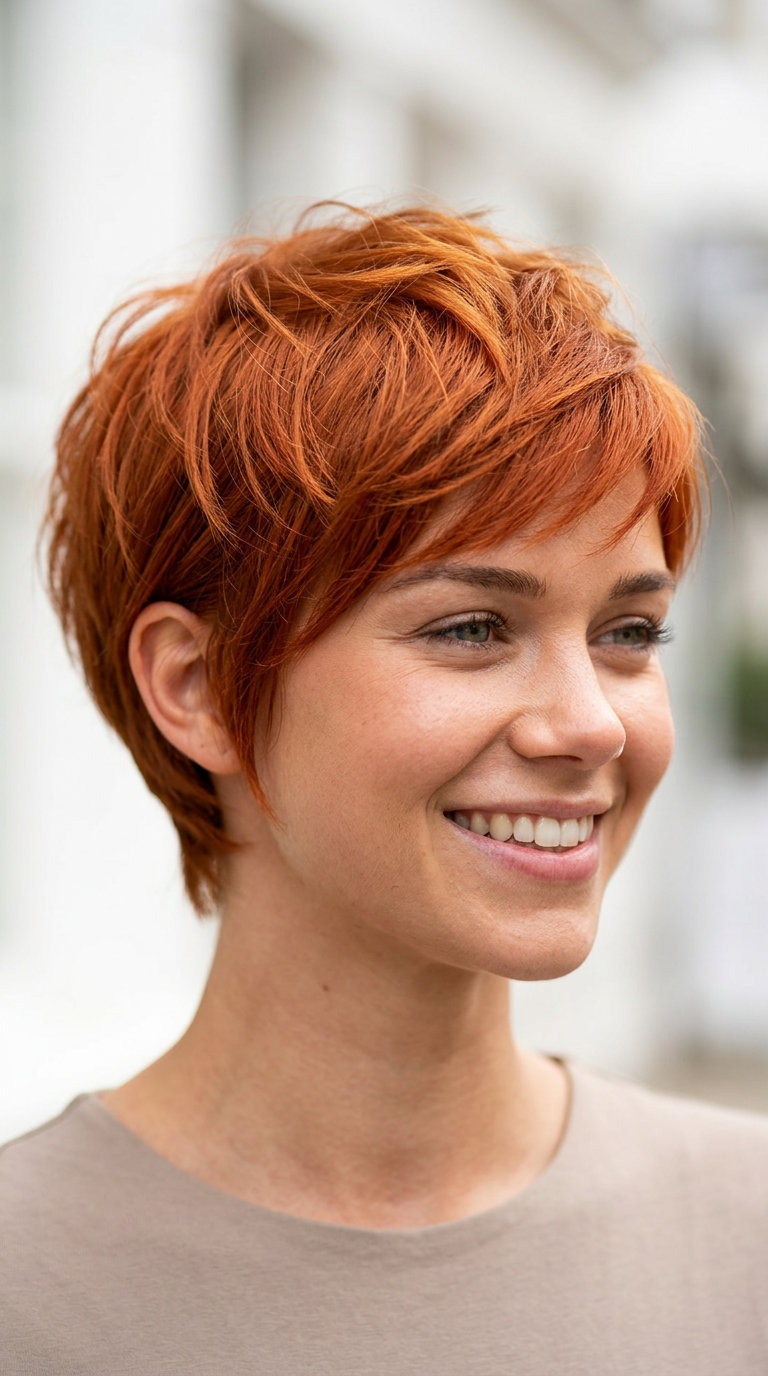 very short textured pixie haircut in bright copper penny with golden orange highlights, point-cut layers, piecey fringe — bold summer energy