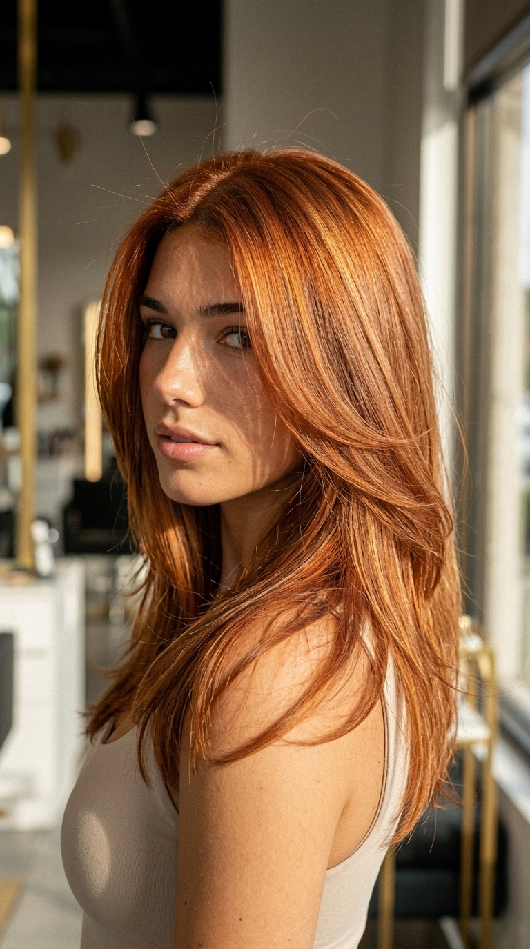 long copper red with golden ribbons, high-shine gloss — bold summer