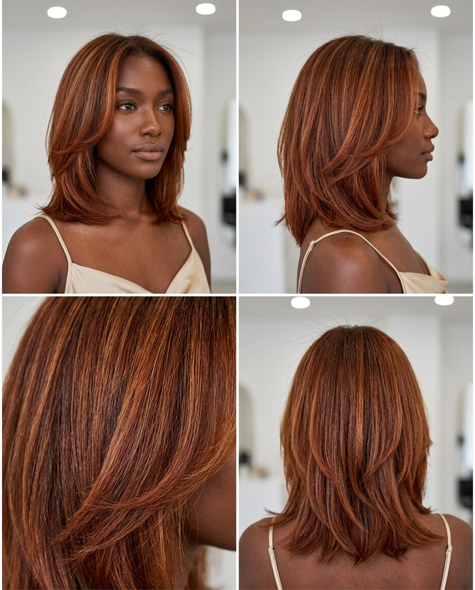 medium butterfly haircut in vibrant copper red with golden micro-highlights, point-cut internal layers, no bangs — bold festival look