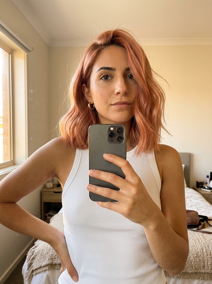 medium blunt lob haircut with copper rose, peach highlights, no bangs — romantic