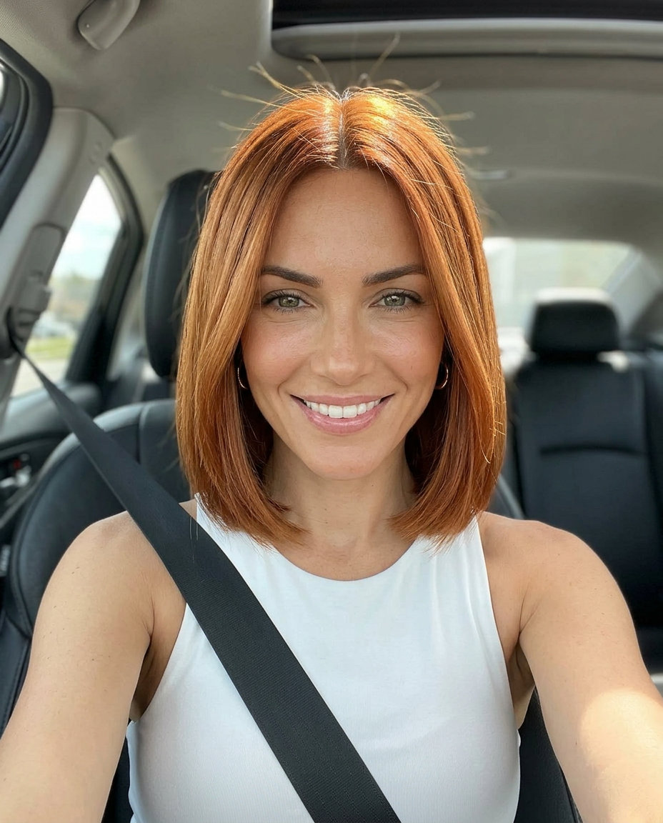 short vibrant copper bob with blunt ends and high-gloss finish for chic look