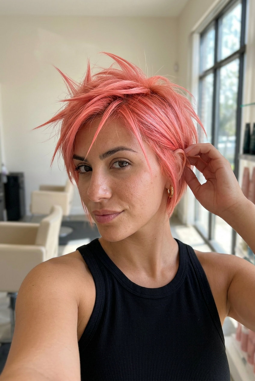 chin-length spiky bob haircut in vibrant coral pink over platinum blonde with undercut nape for summer