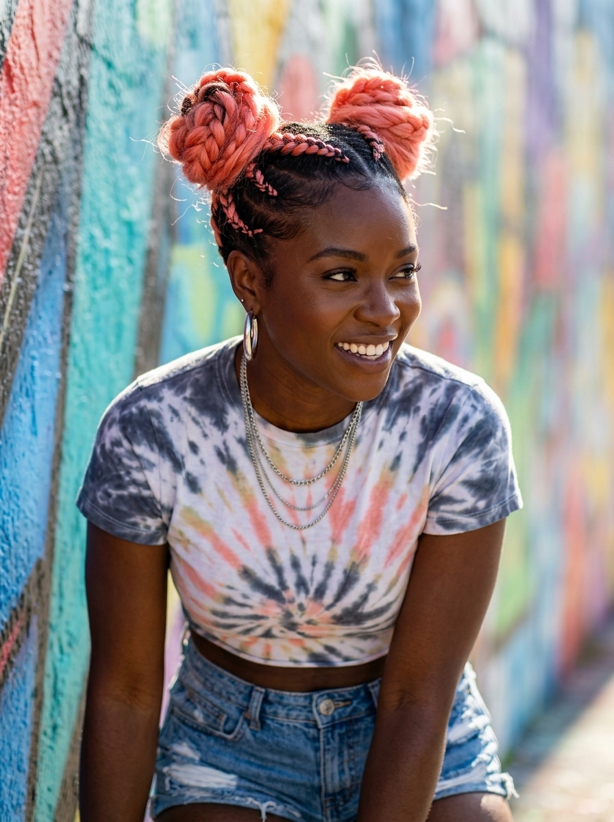 vibrant coral pink dutch space buns with textured pancake effect and edgy energy