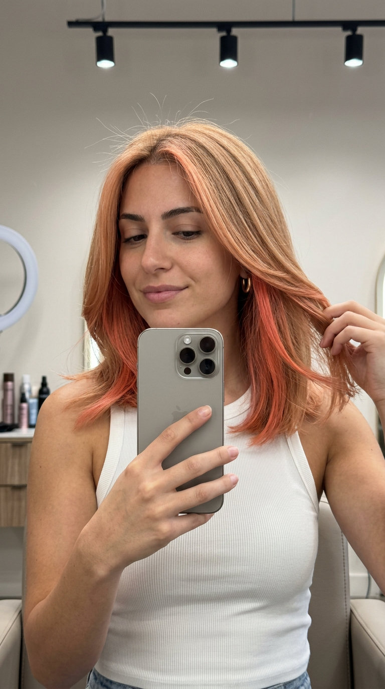 Coral Strawberry Blonde Peekaboo 2026 layered strawberry blonde with coral peekaboo color, vibrant hidden blend — weekend