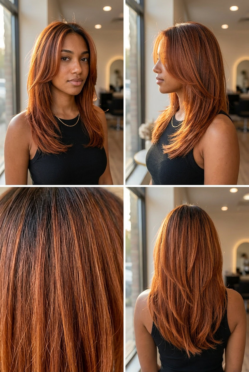 long layered hair with cowboy copper and dark root smudge for bohemian looks