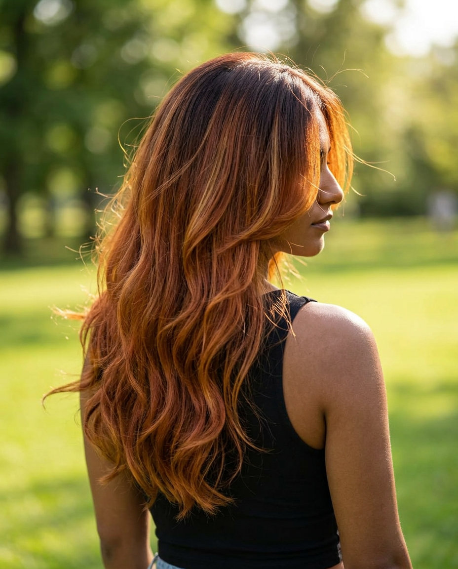 long cowboy copper shag with leather brown lowlights and golden balayage