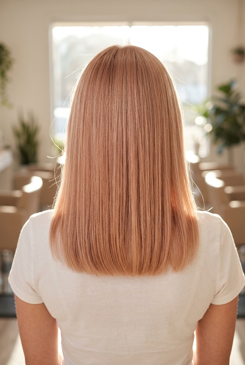 Creamy Strawberry Blonde Hair Color 2026 shoulder-length creamy strawberry blonde with rose/peach hint, single process color — chic everyday style