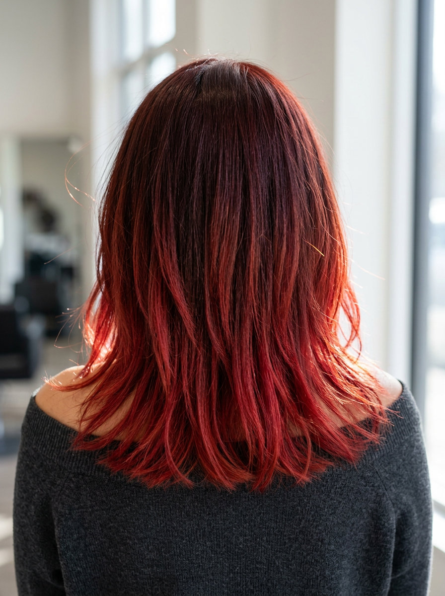 long layered auburn crimson ombré ends with fiery red transition, ombré technique — bold music festival