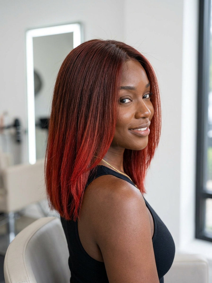 long layered auburn crimson sunset ombré with fiery red melt, balayage technique — vibrant festival look