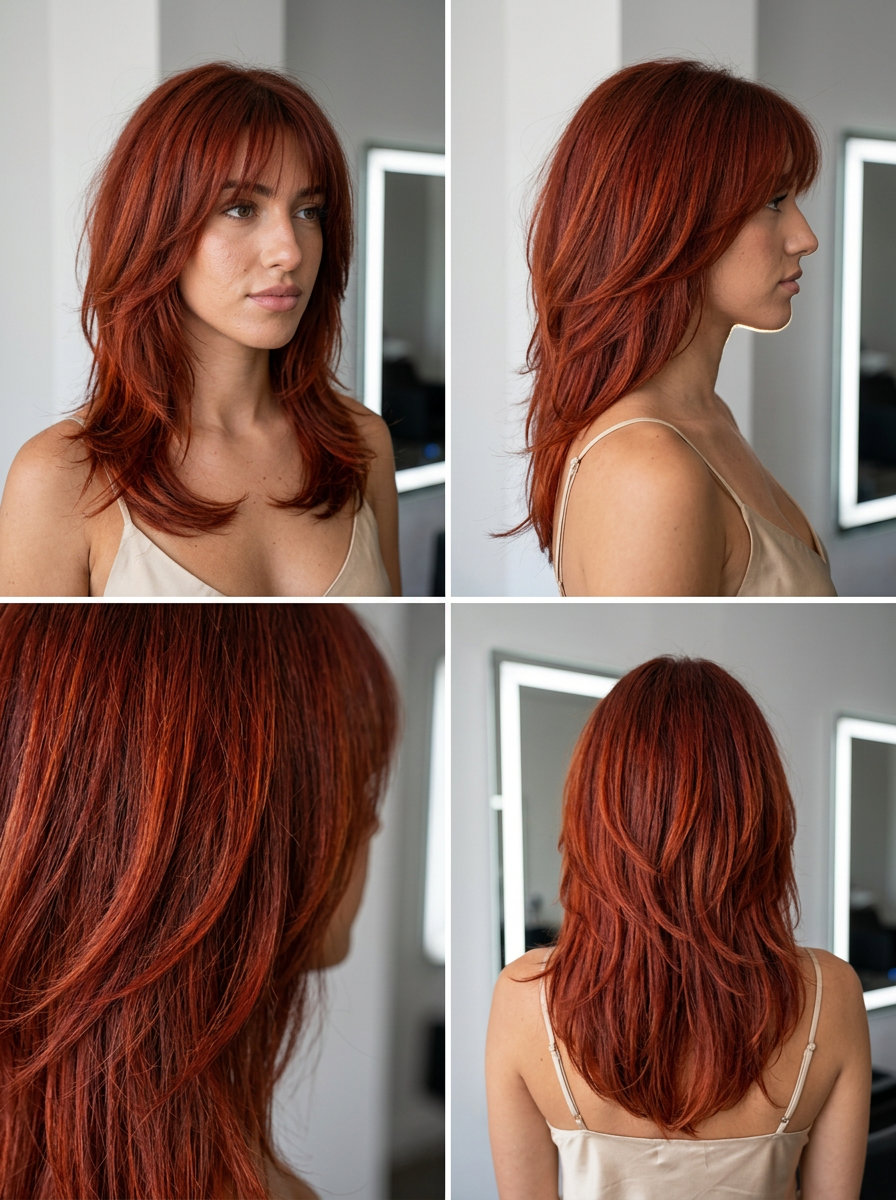shoulder-length shag haircut with crimson copper, deep red undertones, full wispy fringe — bold fiery