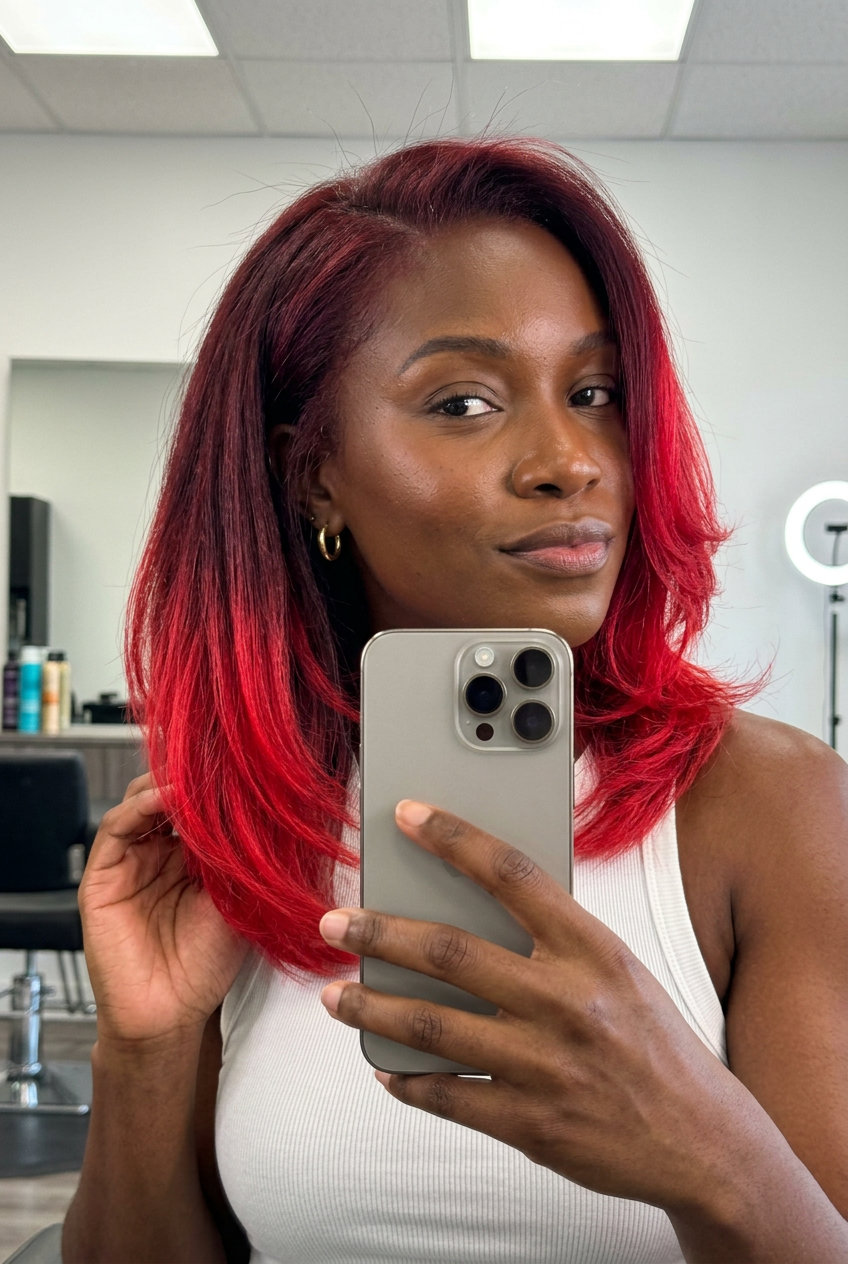 long blunt ombre hair color with crimson red, cherry red, vibrant red, defined blend — edgy statement look