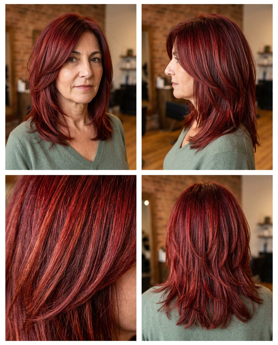 medium shag haircut with crimson red and copper undertones, face-framing layers — bold retro-inspired