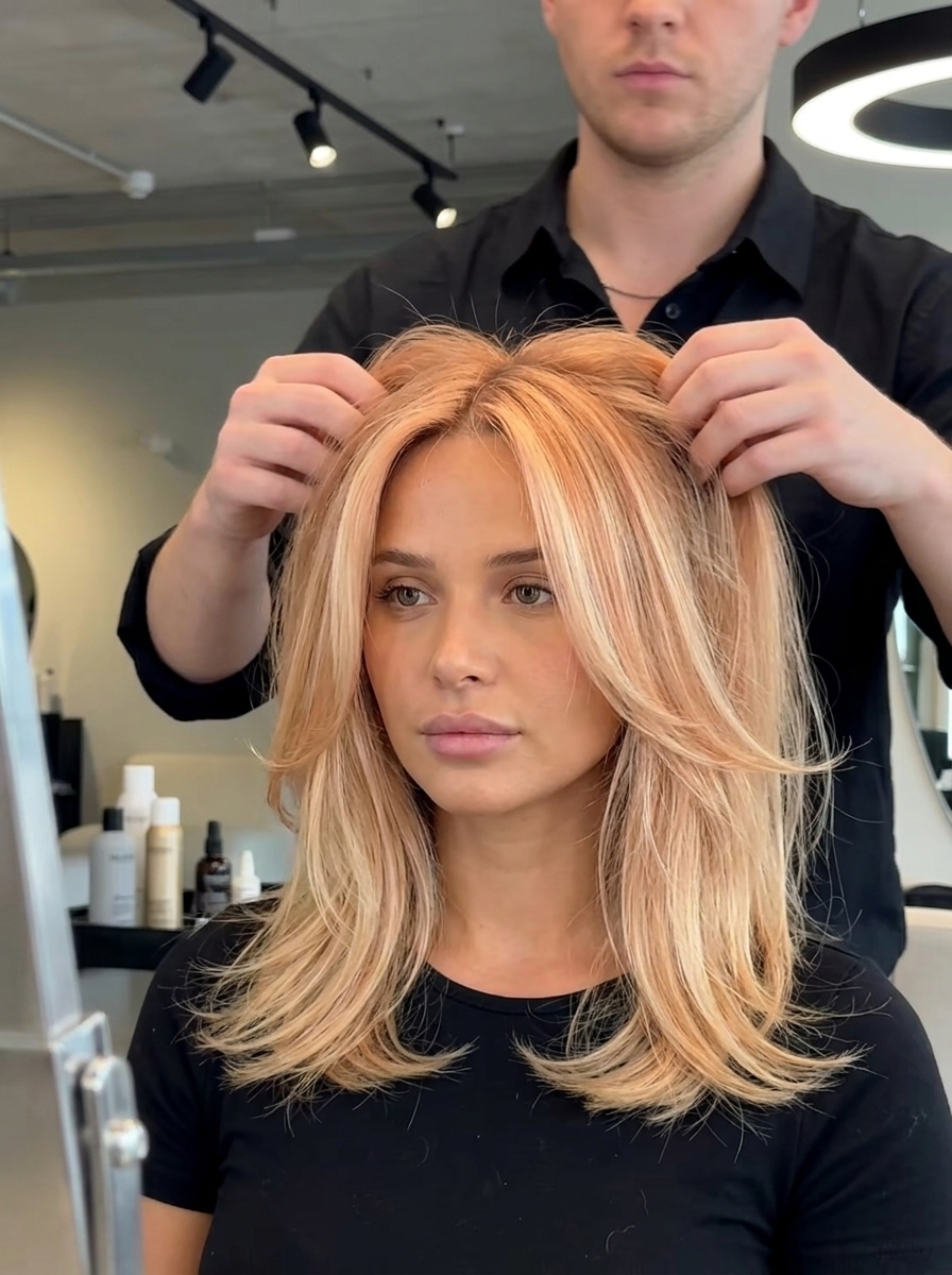 Luminous Strawberry Crown Lift 2026 layered strawberry blonde hair color with crown highlights, face-framing pieces — playful luminous