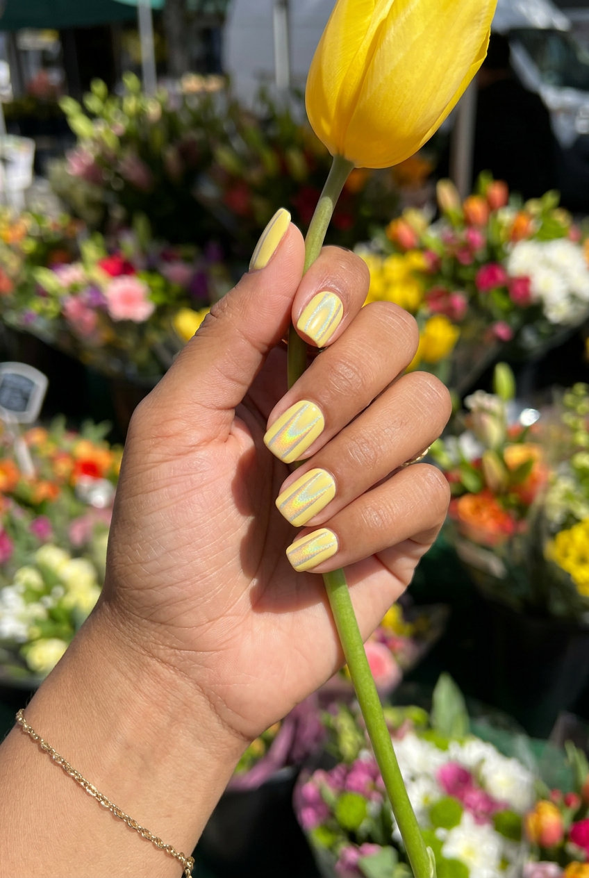Cute summer nails 2026: Cheerful butter yellow with holographic lines for everyday.