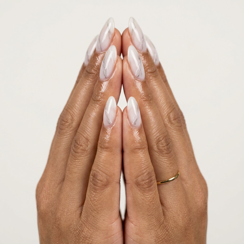 Cute summer nails 2026: Ethereal marble sheer oval nails for weddings and formal events.