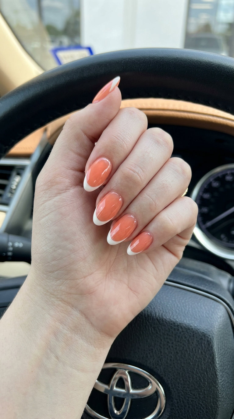 Cute summer nails 2026: Jelly peach fuzz French tip for romantic outings and wedding guests.