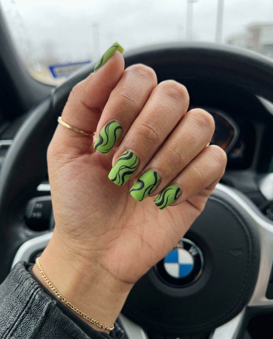 Cute summer nails 2026: Lime green abstract lines matte coffin nails for festivals and concerts.