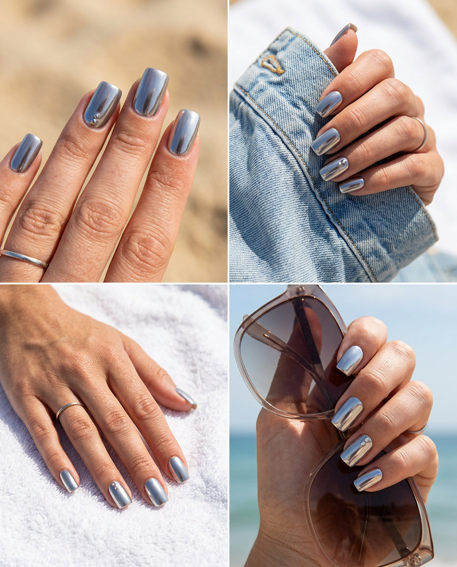 Cute summer nails 2026: Edgy lime green with silver chrome accent for parties and festivals.