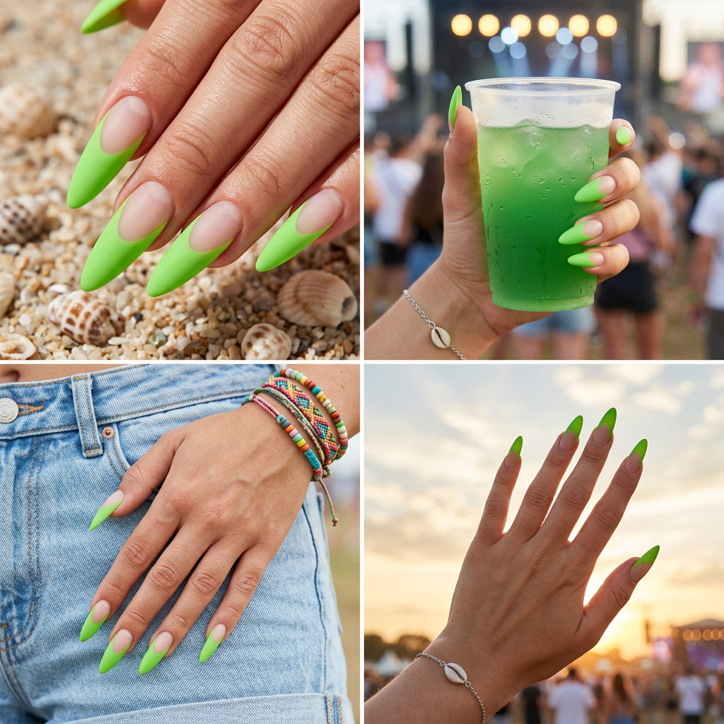 Cute summer nails 2026: Edgy lime green negative space stilettos for a bold party look.