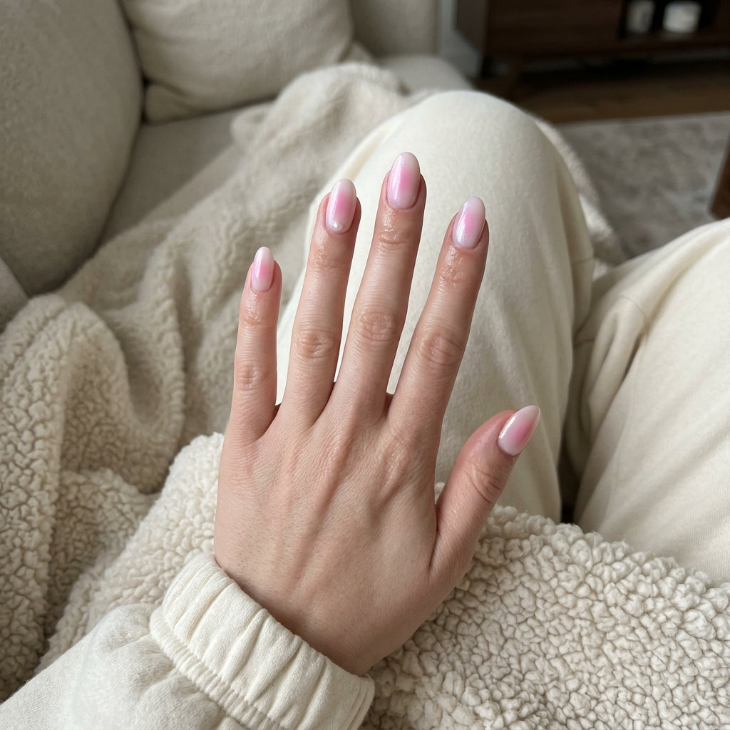 Cute summer nails 2026: Romantic milky pink aura nails with subtle shimmer for weddings.